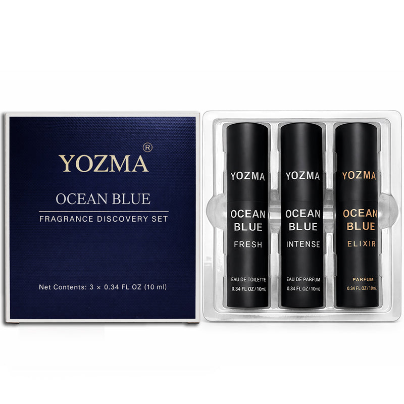 YOZMA Ocean Blue Perfume Set for Men – 3×10ml Travel Size Fragrance Discovery Set (Fresh, Intense, Elixir)