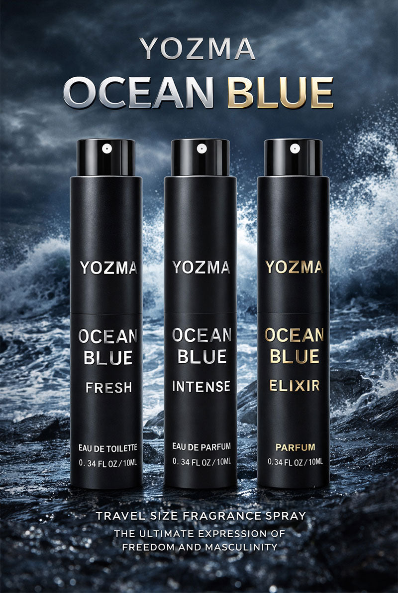YOZMA Ocean Blue Perfume Set for Men – 3×10ml Travel Size Fragrance Discovery Set (Fresh, Intense, Elixir)