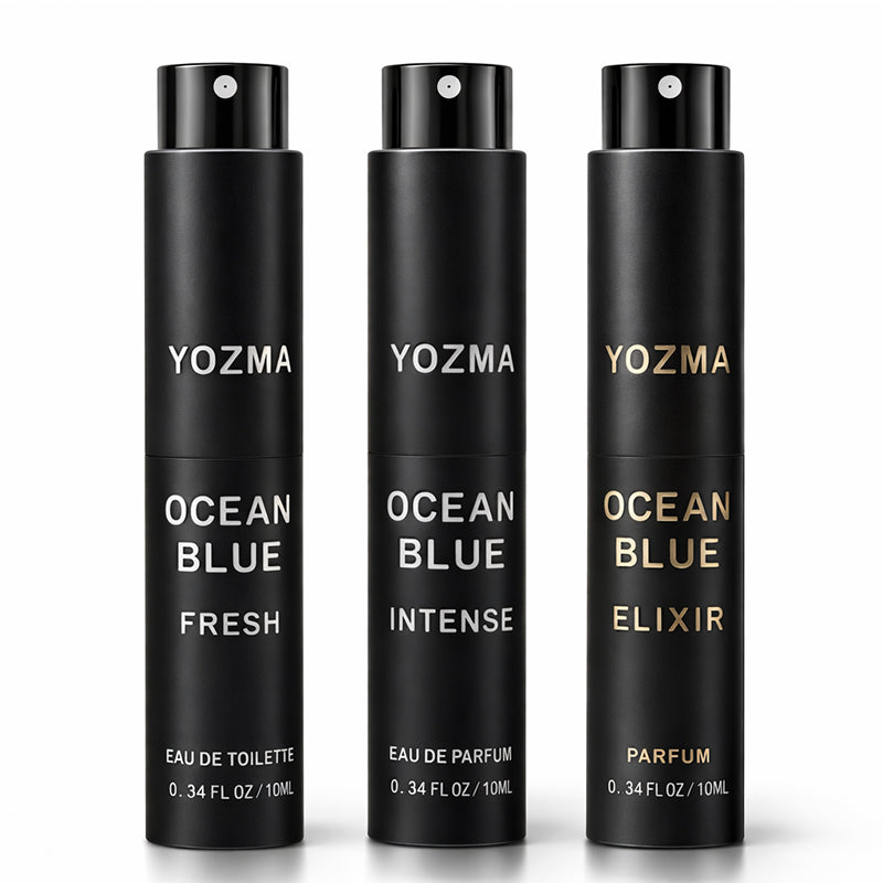 YOZMA Ocean Blue Perfume Set for Men – 3×10ml Travel Size Fragrance Discovery Set (Fresh, Intense, Elixir)