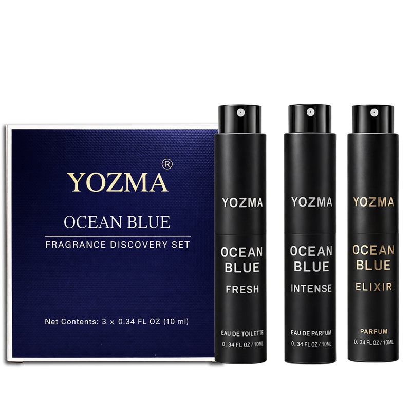 YOZMA Ocean Blue Perfume Set for Men – 3×10ml Travel Size Fragrance Discovery Set (Fresh, Intense, Elixir)
